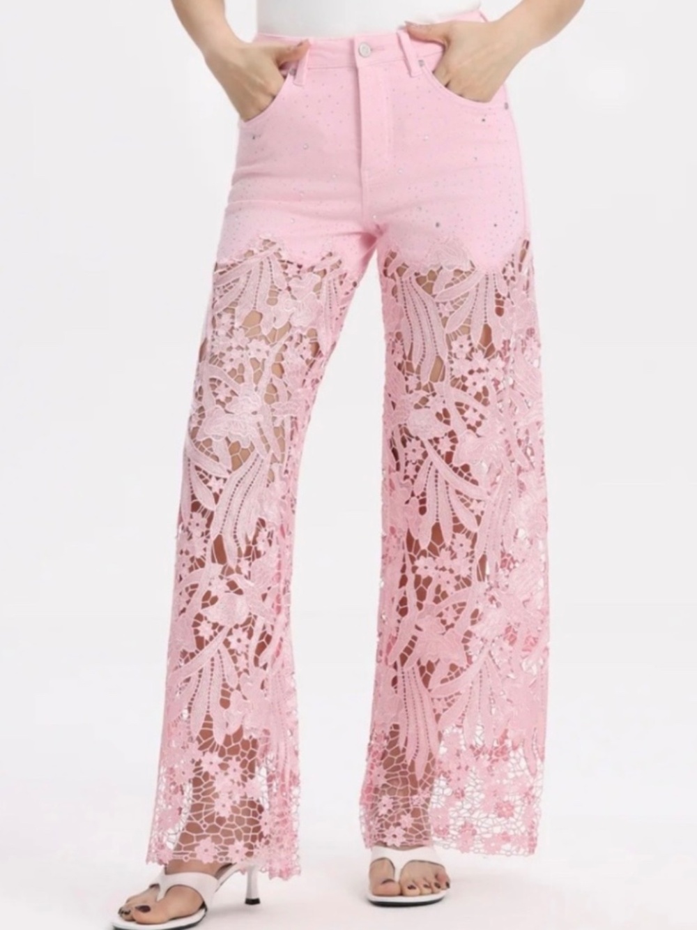 BAYEAS PINK HIGH WAIST CRYSTAL EMBELLISHED WIDE LEG LACE JEANS SIZE 28 - NWOT